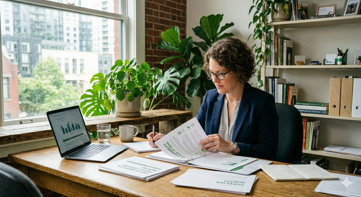 Business owner reviewing sustainability documentation at a desk with a green plant in the background