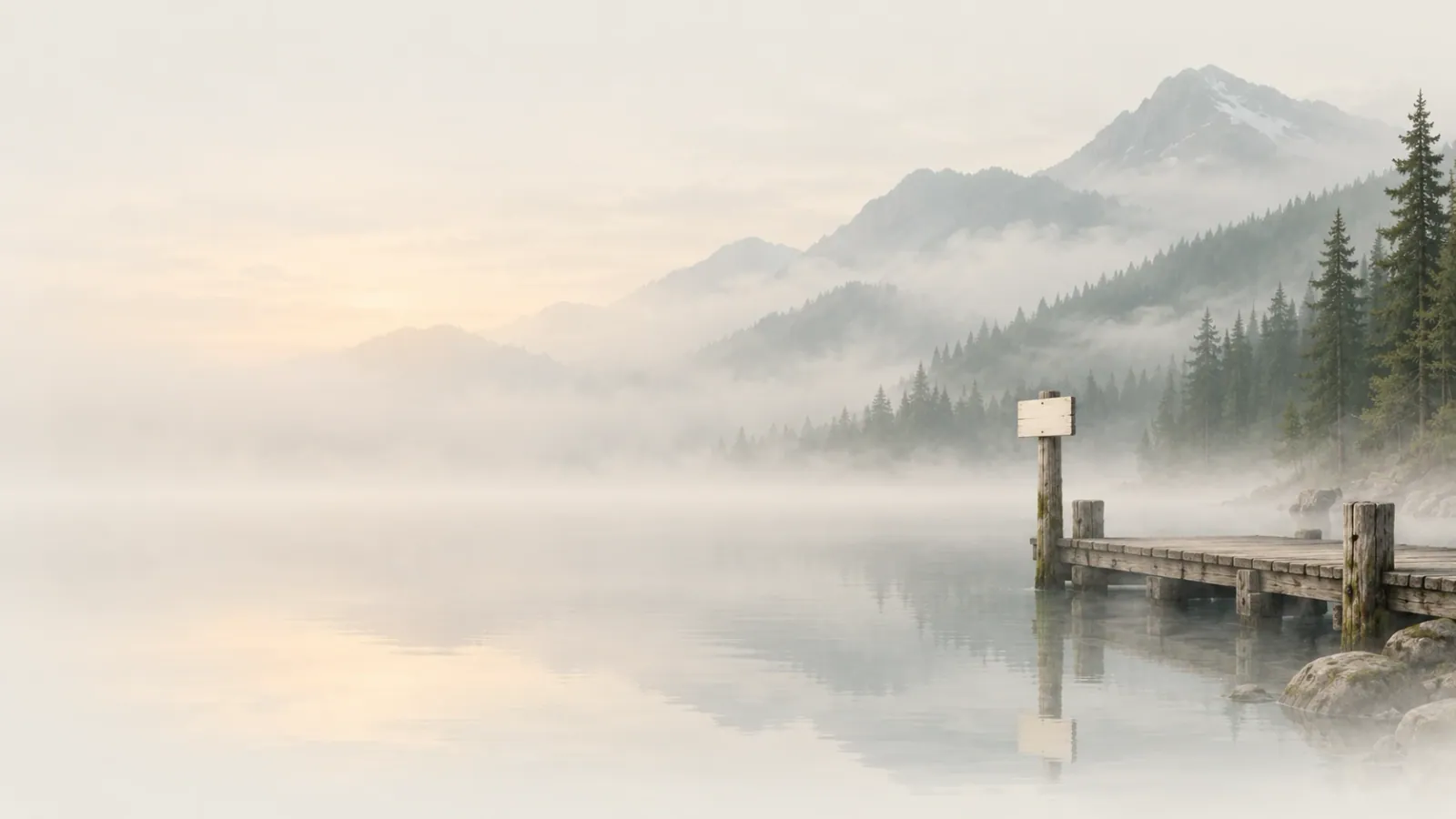 A wooden dock on a misty mountain lake at dawn, with a blank sign on a post at its end