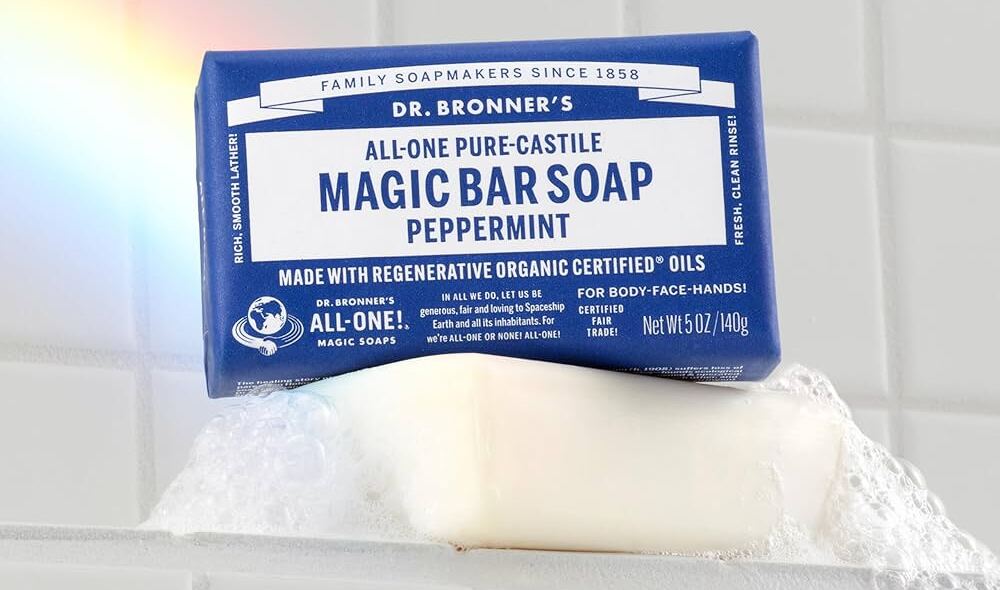 Dr. Bronner's Pure-Castile peppermint liquid soap bottle with its characteristic dense label text