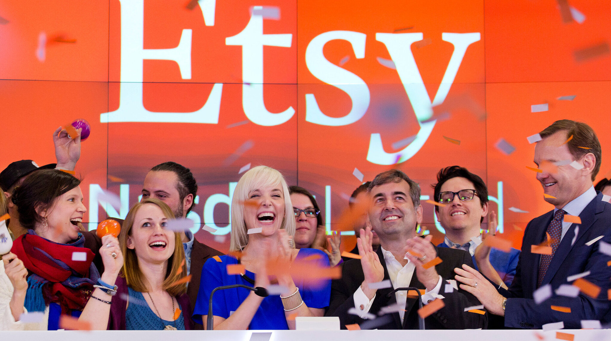Etsy founders at the Nasdaq stock exchange during the company's IPO in April 2015